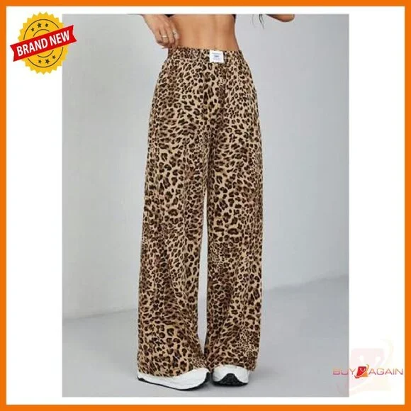 Women's High Waist Wide Leg Pants Elastic Waist Letter Patched Trousers - Picture 4 of 6